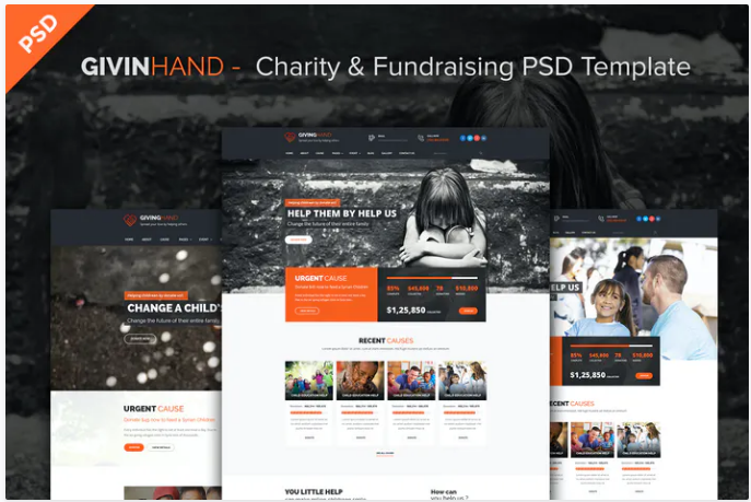 GIVINGHAND - Charity & Fundraising PSD Template