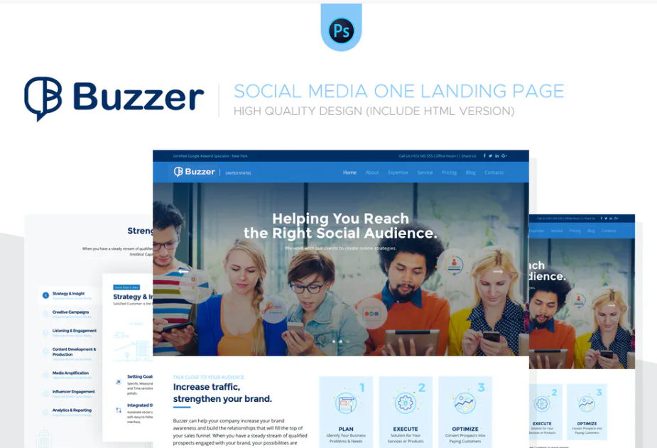 Buzzer - Social Media Landing Page PSD + HTML
