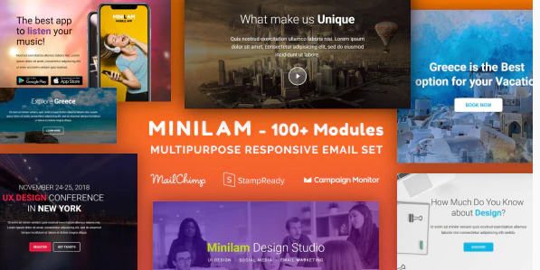 Minilam - Multipurpose Email Set with 100+ Modules + MailChimp Editor + StampReady + Online Builder