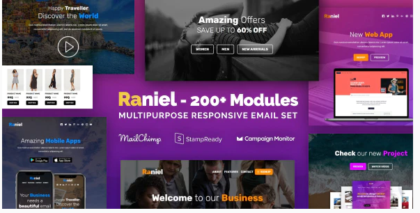 Raniel - Multipurpose Email Set with 200+ Modules + MailChimp Editor + StampReady + Online Builder