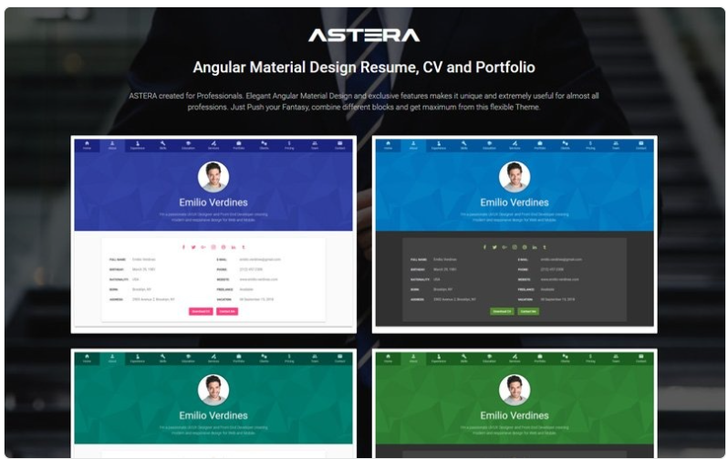 Astera - Resume, CV and Portfolio Angular Material Design Website Template 1.0