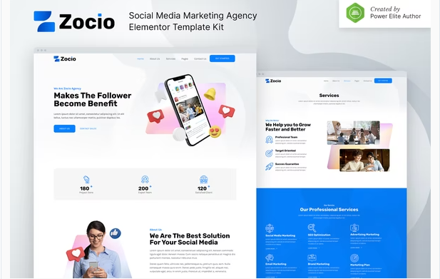 Zocio – Social Media Marketing Agency Elementor Template Kit — WordPress Product by ThemeForest
