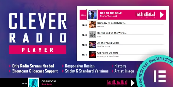 Product Image - CLEVER – HTML5 Radio Player With History – Shoutcast and Icecast – Elementor Widget Addon