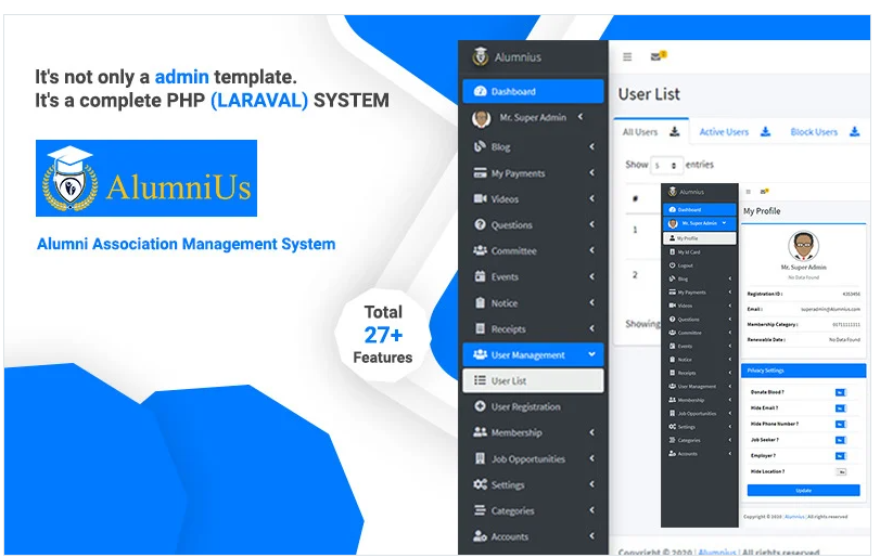 Alumnius- Laravel Association Management System Admin Template