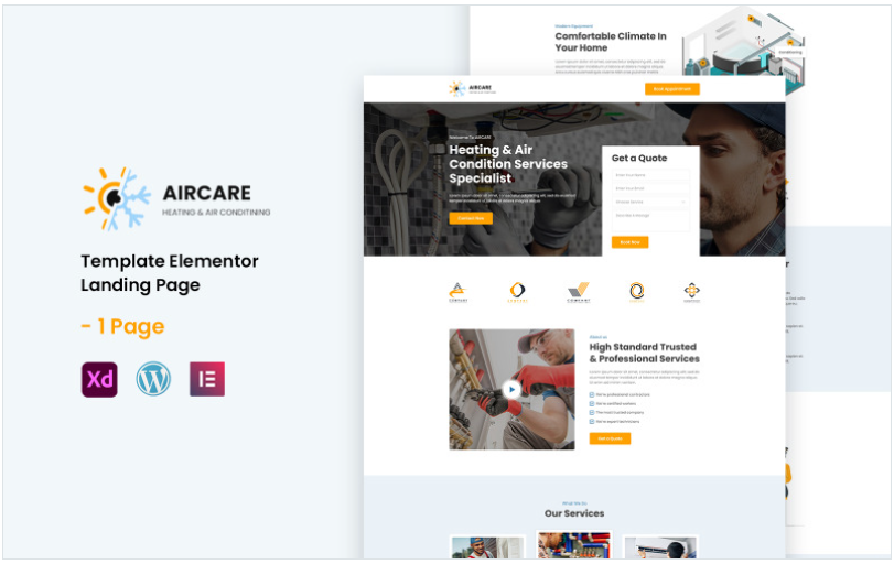 Aircare - Heating and Air Condition Services Ready to use Elementor Landing Page Template(m)