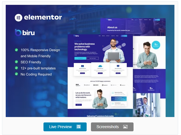 Product Image - Biru – IT Services Elementor Pro Full Site Template Kit