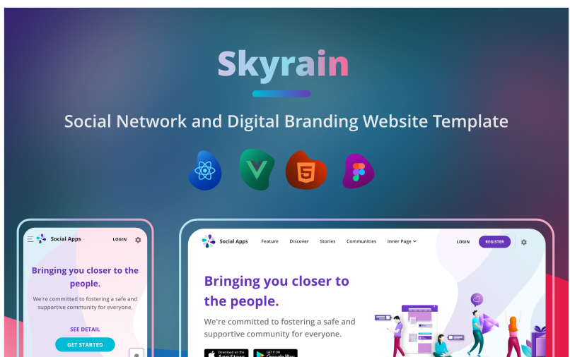 Skyrain - Social Network and Digital Branding HTML React Vue and Figma Template