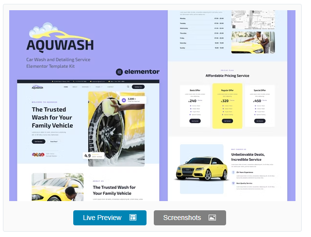Aquwash - Car Wash and Detailing Service Elementor Template Kit