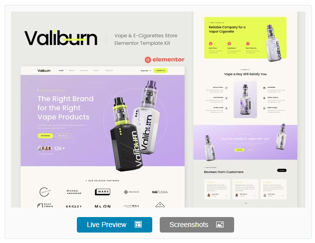 Product Image - Valiburn – Vape & E-Cigarettes Store Elementor Template Kit Product Image - Valiburn – Vape & E-Cigarettes Store Elementor Template Kit