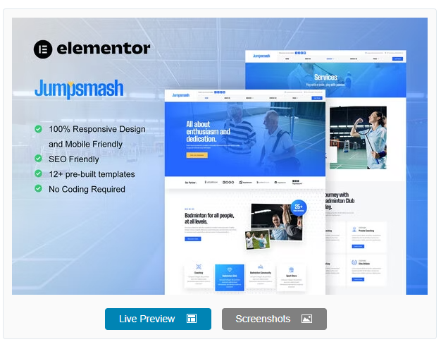 Product Image - JumpSmash – Badminton Club & Sport Community Elementor Template Kit Product Image - JumpSmash – Badminton Club & Sport Community Elementor Template Kit