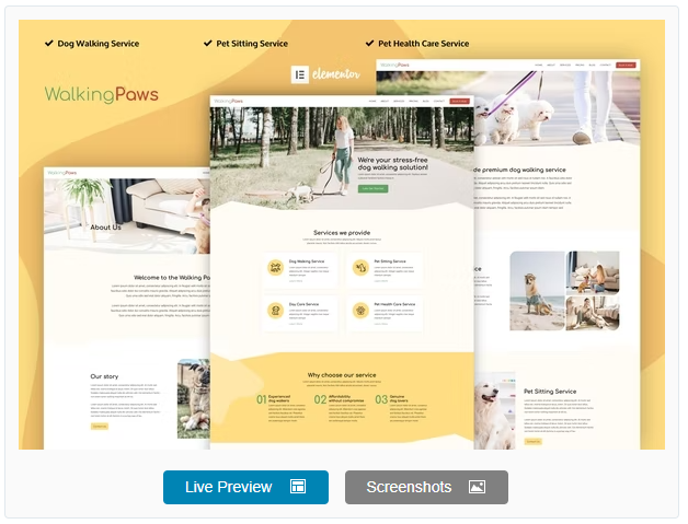 Product Image - Walking Paws – Dog Walking and Pet Services Elementor Template Kit Product Image - Walking Paws – Dog Walking and Pet Services Elementor Template Kit