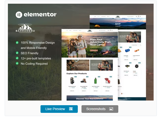 Product Image - Barrameru – Outdoor Adventure Camping Store Elementor Pro Template Kit