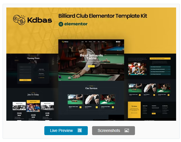 Kdbas - Billiard Club Elementor Template Kit