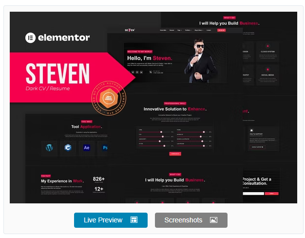 Product Image - Steven – Dark CV Portfolio Resume Elementor Template Kit