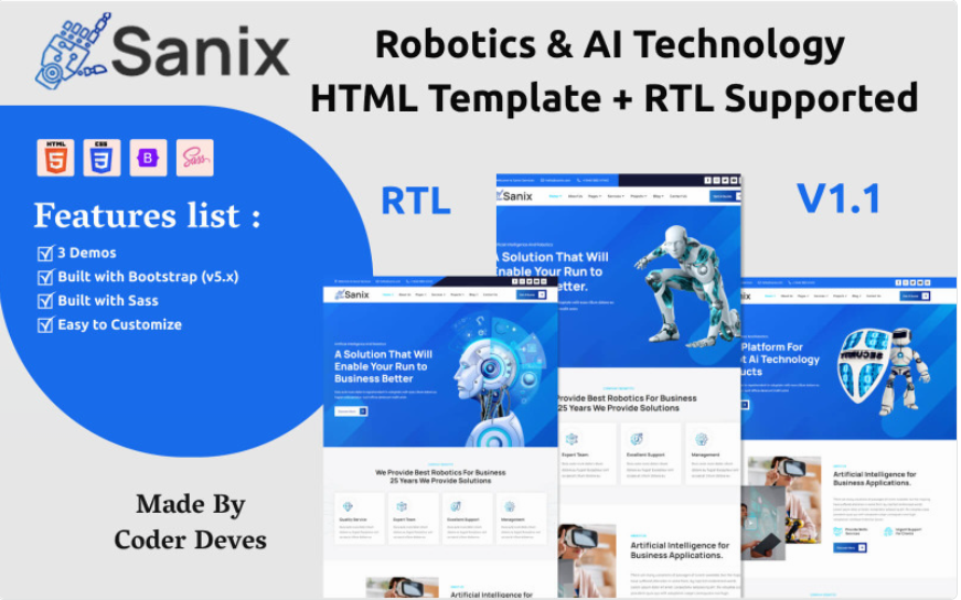 Sanix - Robotics & AI Technology HTML Template + RTL Supported Website Template