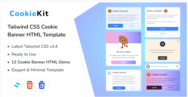 CookieKit - Tailwind CSS 3 Cookie Banners HTML Template