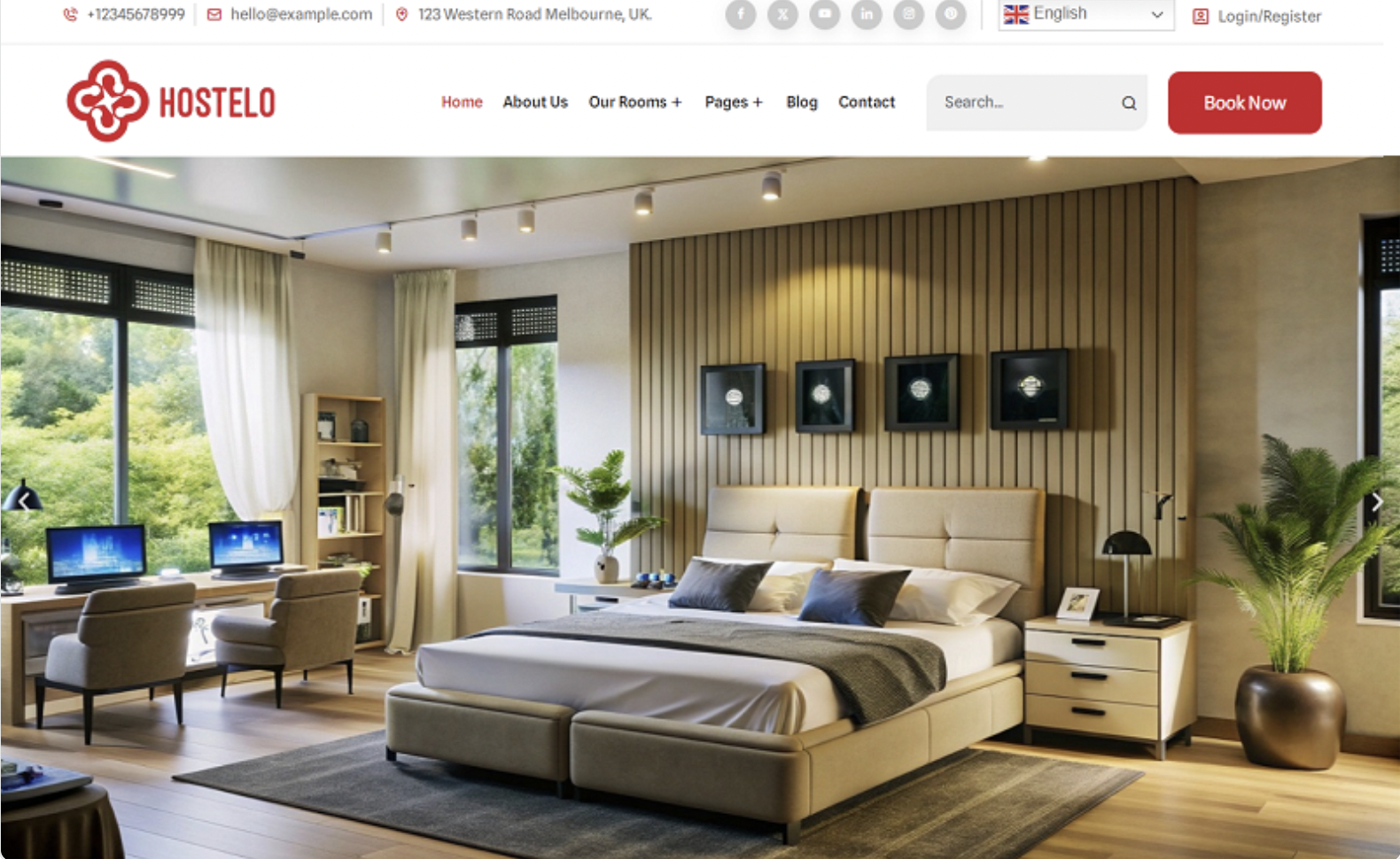 Hostelo - Hostel, Dormitory, Hall, Boarding, House, Residence Booking Elementor WordPress Theme