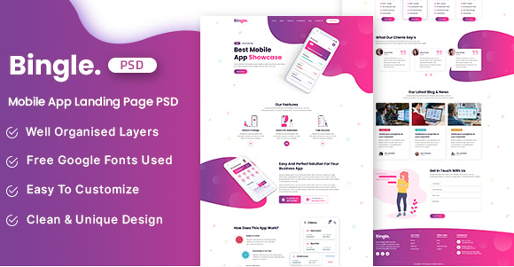 Bingle - Mobile App Landing Page PSD Template
