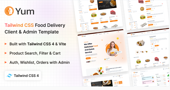 Yum - Tailwind CSS 4 Client & Admin Food Template