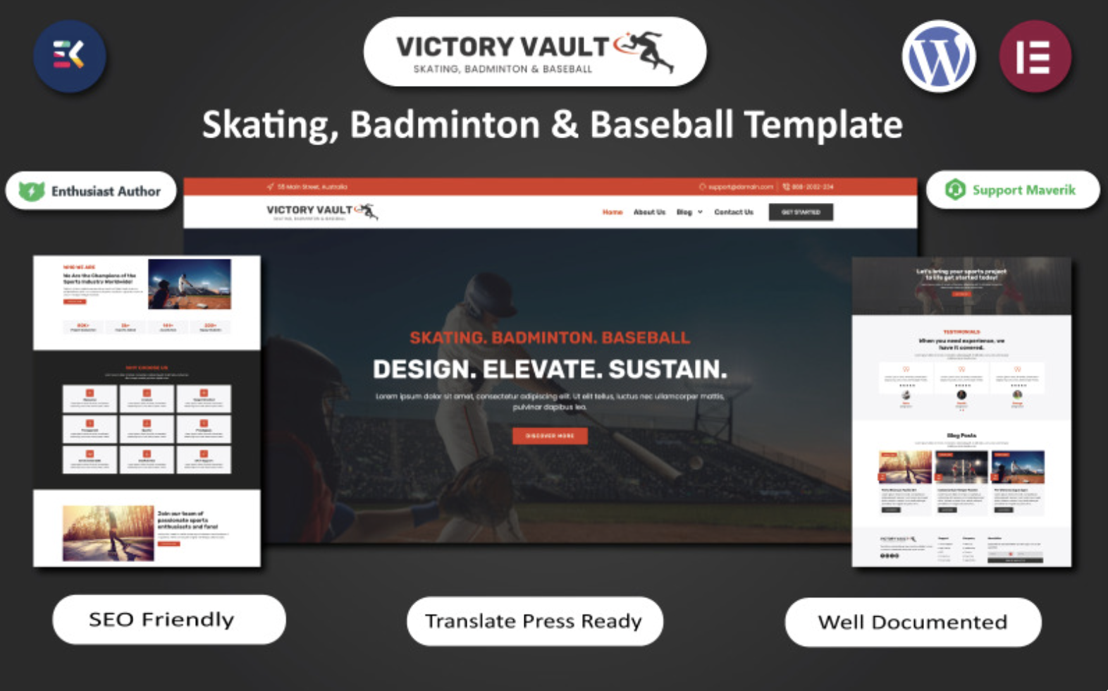 Victory Vault - Skating, Badminton & Baseball WordPress Elemnetor Template WordPress Theme