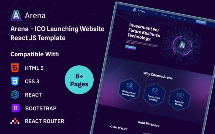 Arena ICO Launching React JS Template showcasing crypto-focused layouts and blockchain startup design.