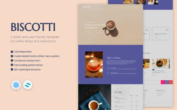 Biscotti – Coffee Shop Restaurant React and Tailwind Template