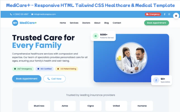 MediCare+ – Responsive HTML Tailwind CSS Healthcare & Medical Template