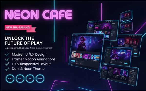 Neon Gaming Cafe React Theme - Vite, Tailwind, Framer Motion, 3 Home Demos