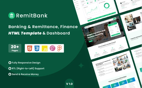 RemitBank – Banking & Remittance Transfer HTML Template, RTL And Dashboard