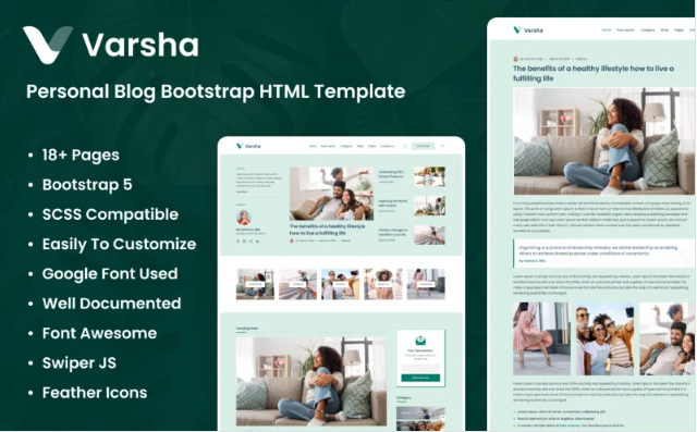 Varsha: Personal Blog Bootstrap HTML Template Website Template