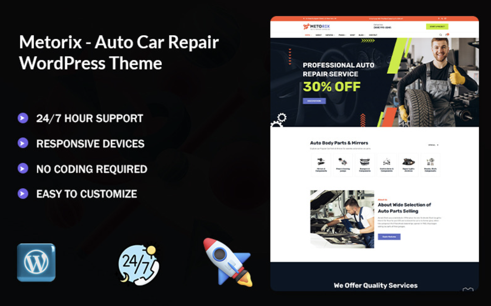 Metorix - Auto Car Repair Parts & Mirrors WordPress Elementor Theme WordPress Theme