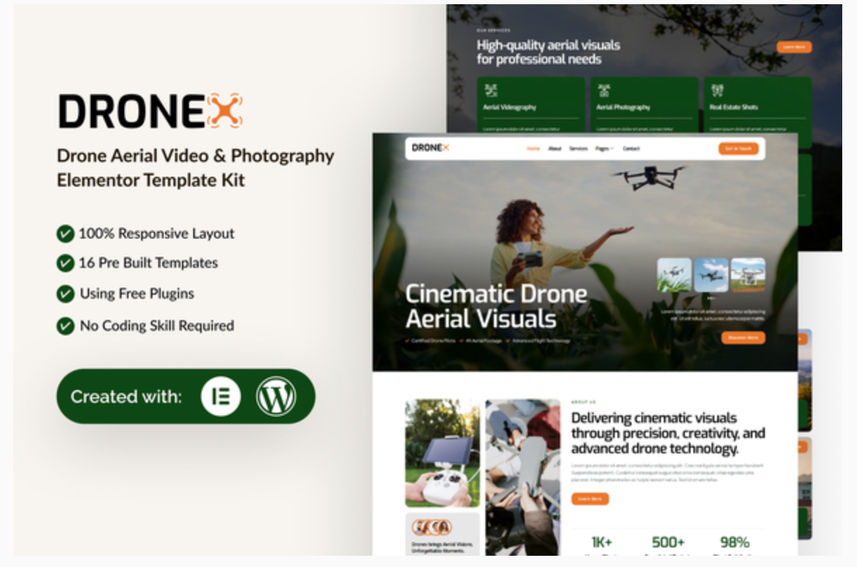 Dronex - Drone Aerial Video & Photography Elementor Template Kit