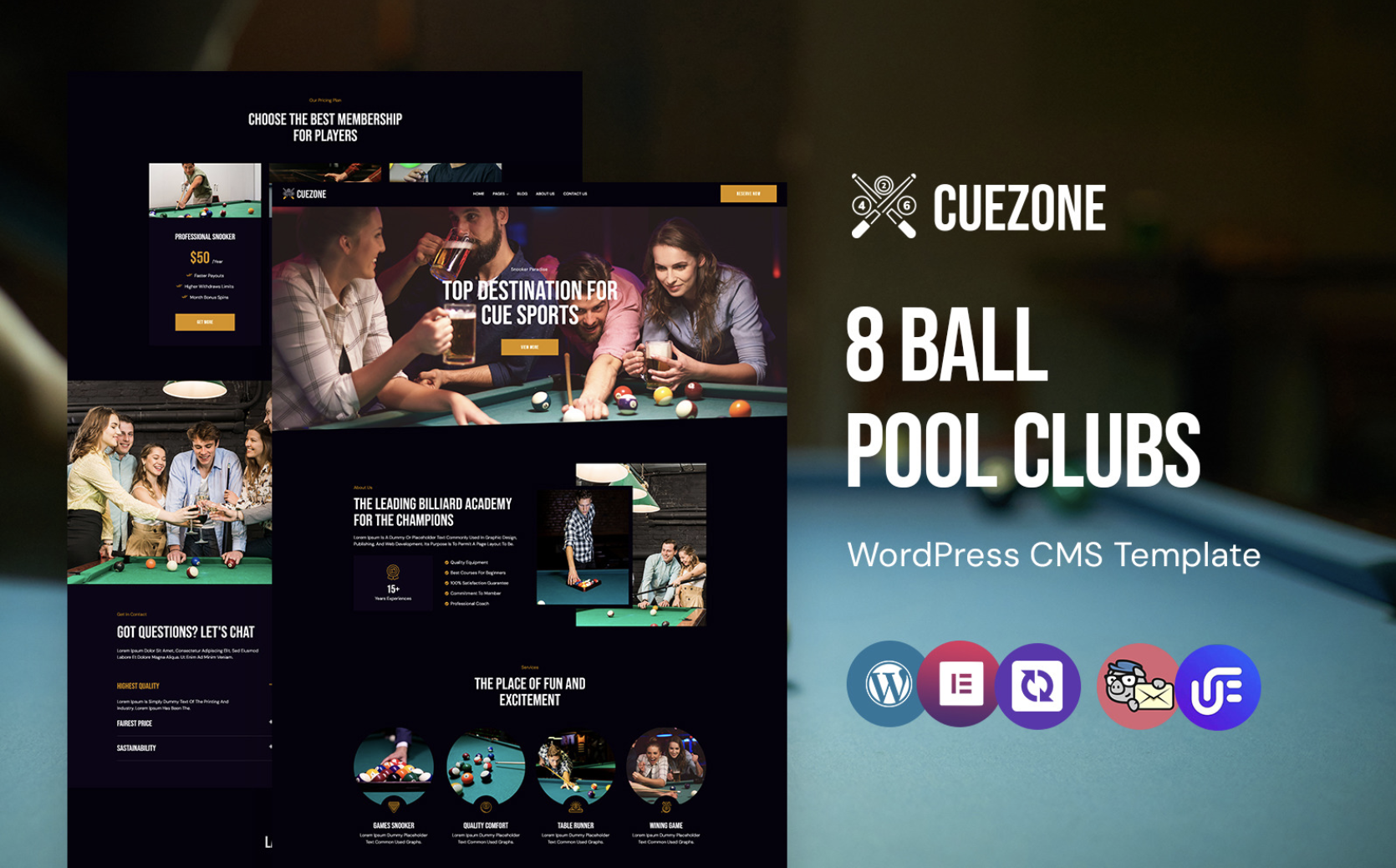 CueZone - 8 Ball Pool Clubs WordPress Elementor Theme