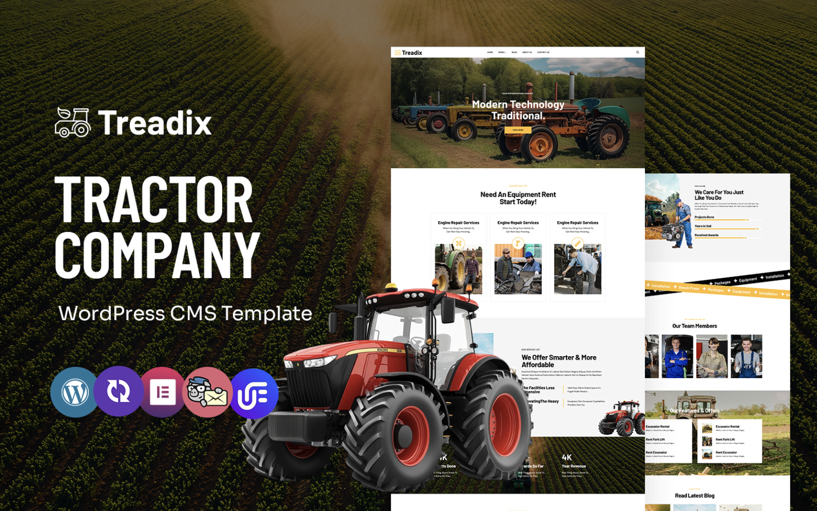 Treadix - Farmer Tools And Tractor Multipurpose WordPress Elementor Theme