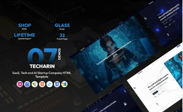 Techarin – SaaS, Tech and AI Startup Company HTML Template – Tailwind CSS – Glass Design