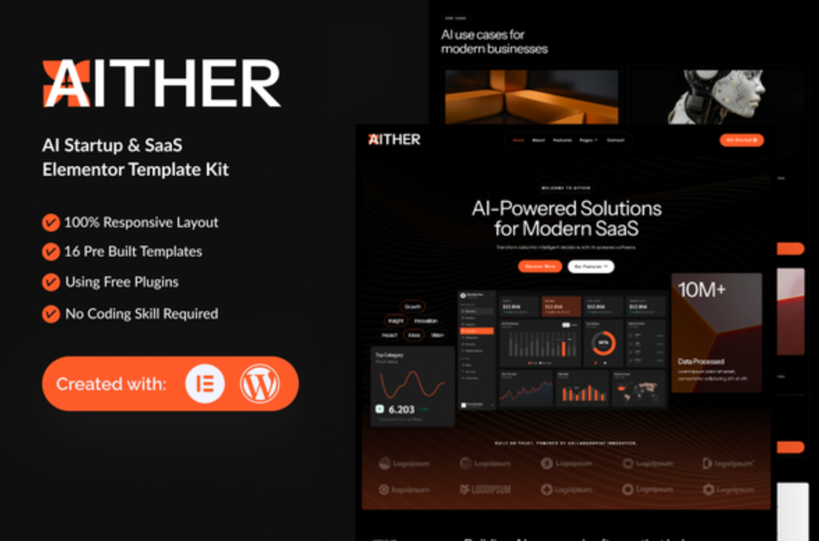 Aither - AI Startup & SaaS Elementor Template Kit