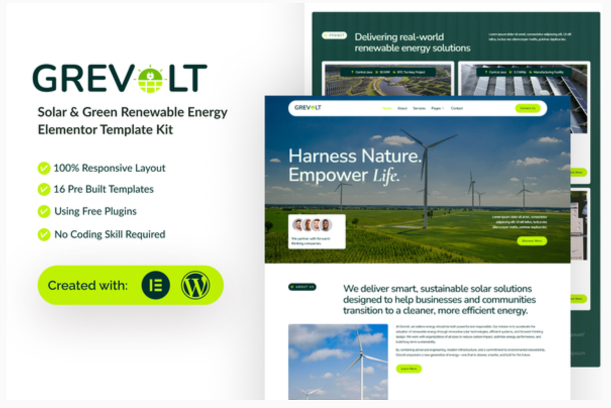 Grevolt - Solar & Green Renewable Energy Elementor Template Kit