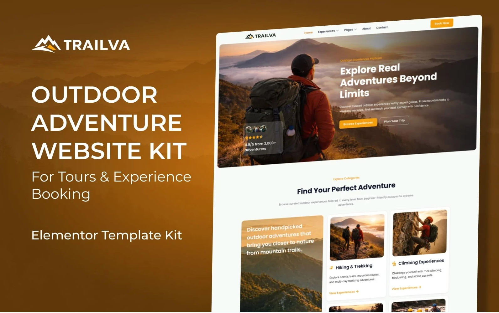 Trailva – Outdoor Adventure & Tour Booking Elementor Template Kit for WordPress — Elementor Kit by Templatemonster