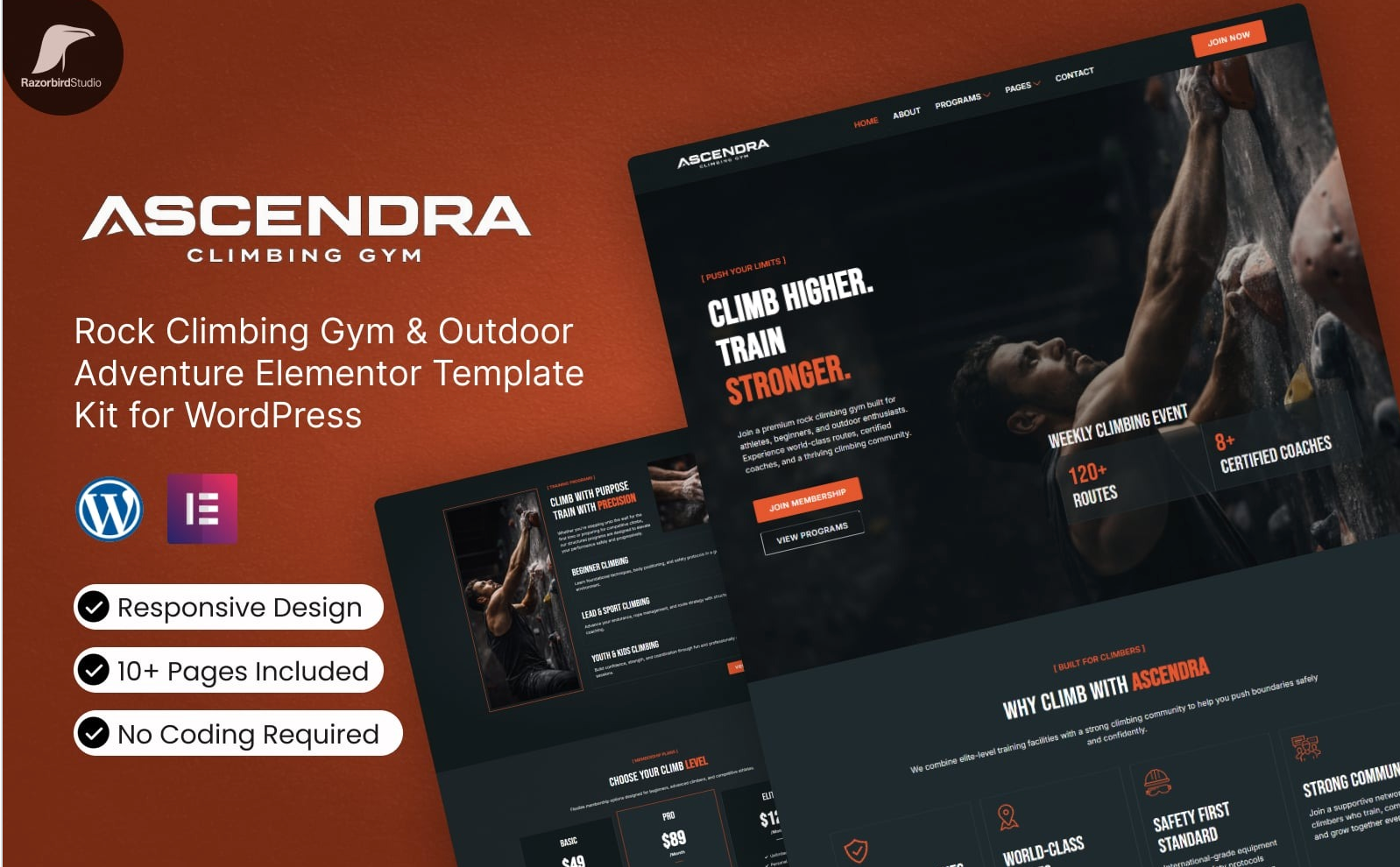 ASCENDRA – Rock Climbing Gym & Outdoor Adventure Elementor Template Kit for WordPress — Product by Templatemonster