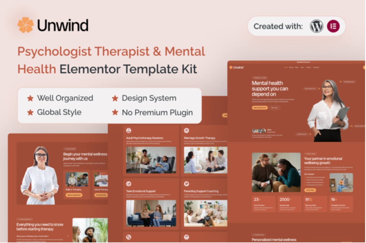 Unwind - Psychologist Therapist & Mental Health Elementor Template Kit
