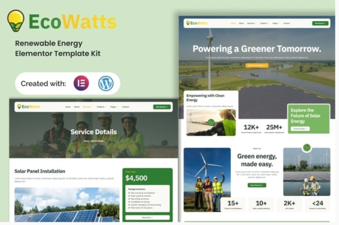 Ecowatts - Renewable Energy Elementor Template Kit