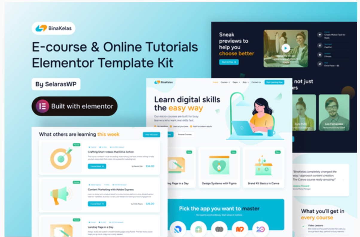 BinaKelas - E-Course & Online Tutorials Elementor Template Kit