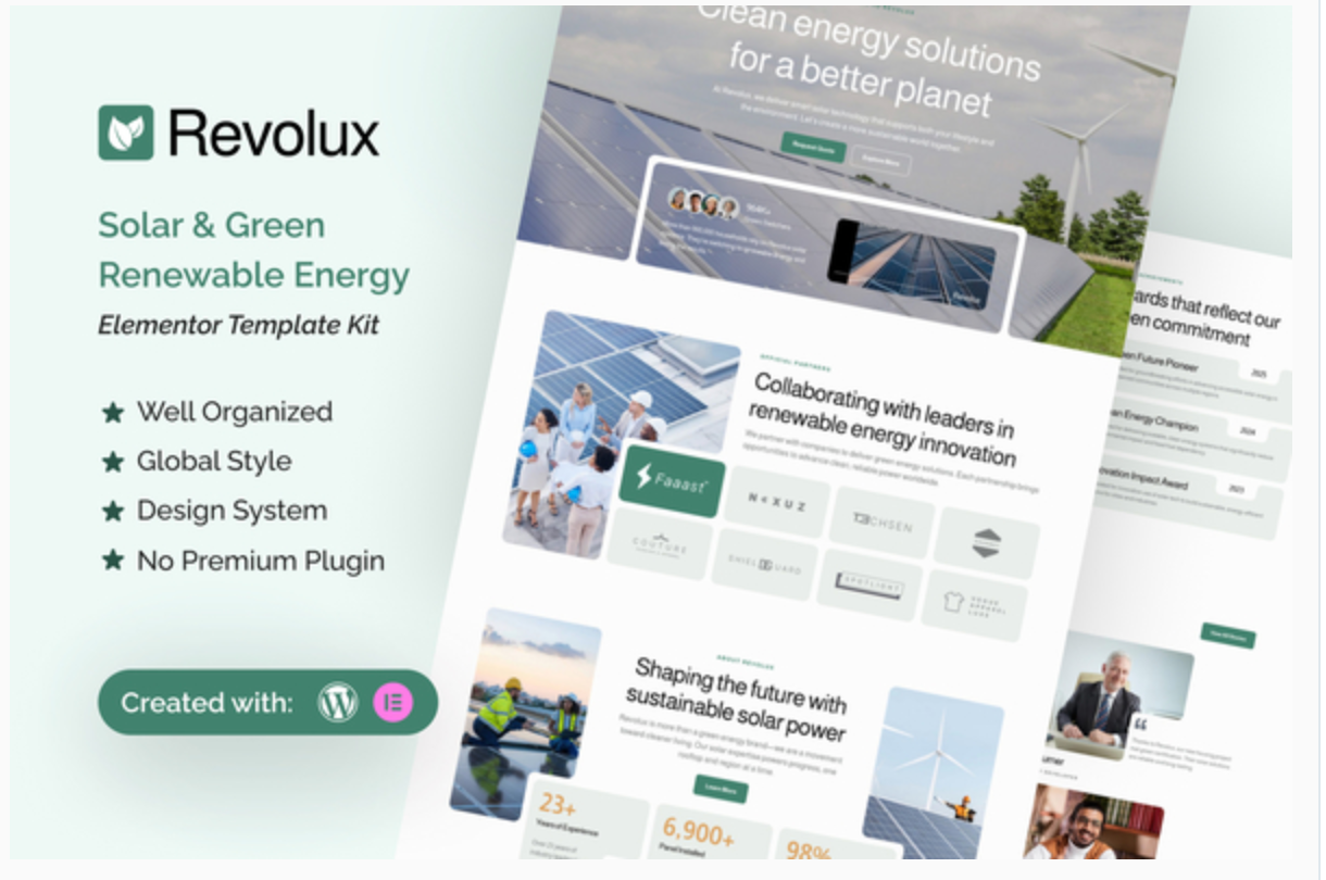 Revolux - Solar & Green Renewable Energy Elementor Template Kit