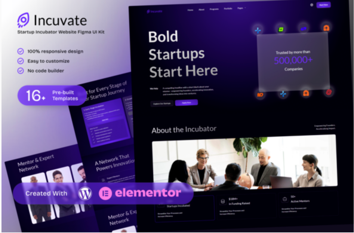 Incuvate Startup Incubator Elementor Template Kit for Funding and Growth Programs
