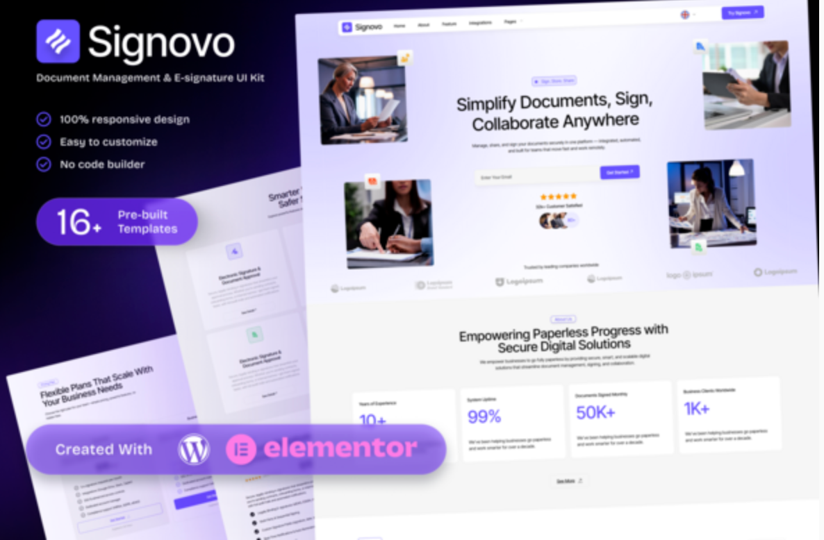 Signovo – E-signature & Document Management SaaS Elementor Template Kit
