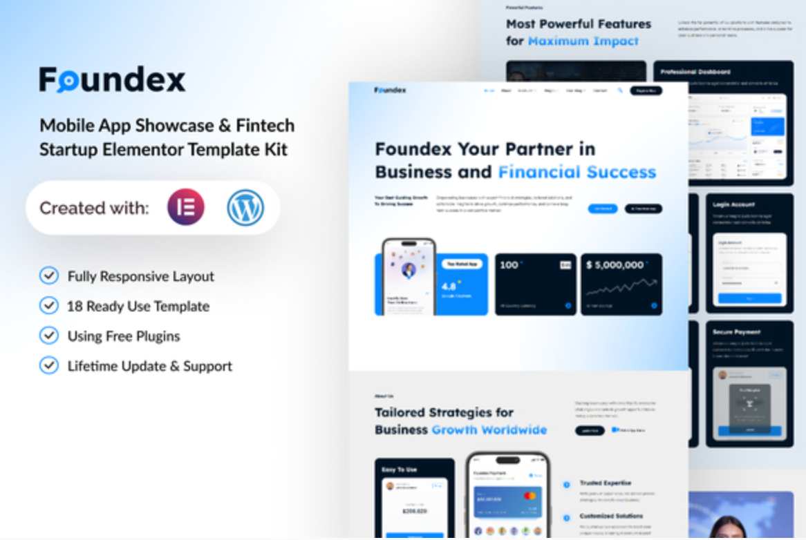 Foundex - Mobile App Showcase & Fintech Startup Elementor Template Kit