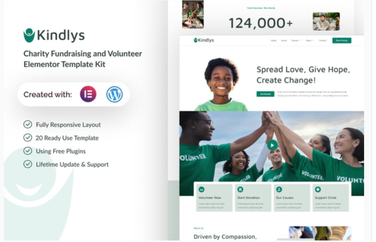 Kindlys - Charity Fundraising & Volunteer Elementor Template Kit