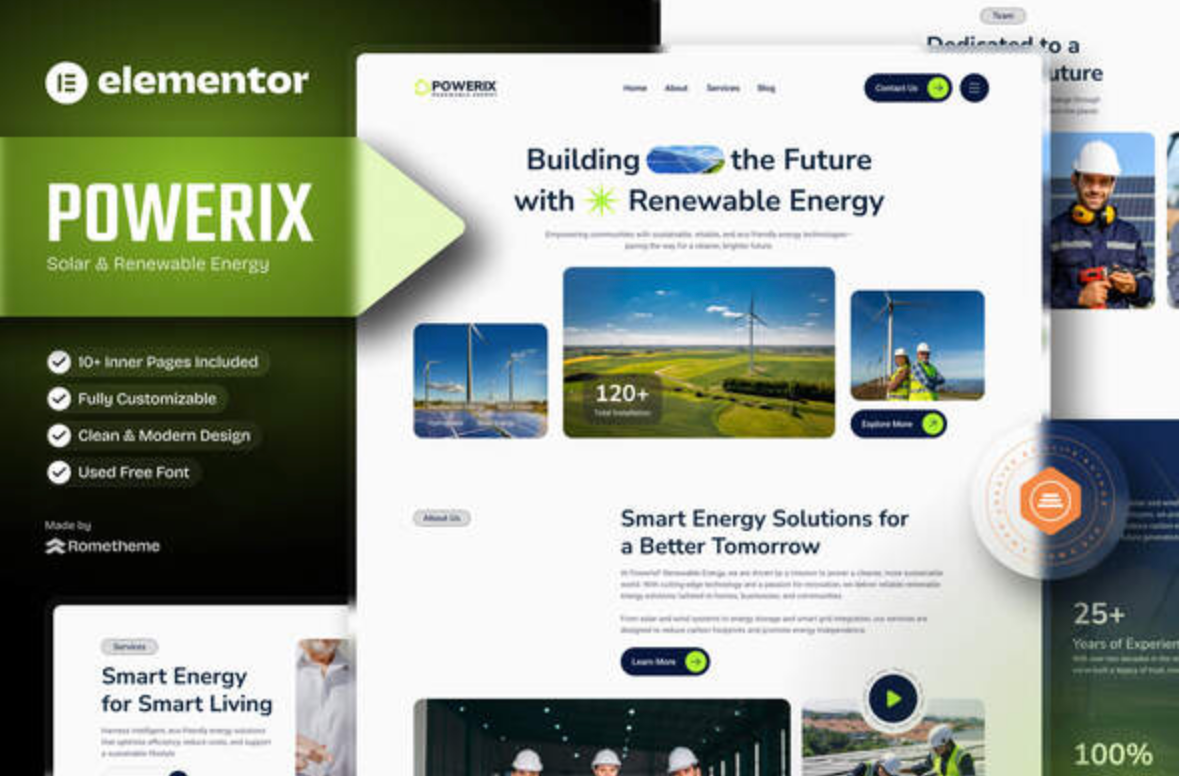 Powerix - Solar & Renewable Energy Elementor Template Kit