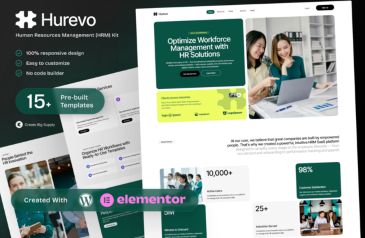Hurevo - Human Resources Management SaaS Elementor Template Kit for HR Platforms