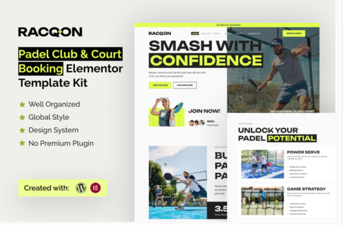 Racqon - Padel Club & Court Booking Elementor Template Kit